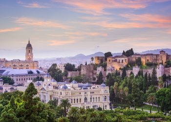 Malaga,,Spain,Cityscape,At,The,Cathedral,,City,Hall,And,Alcazaba
