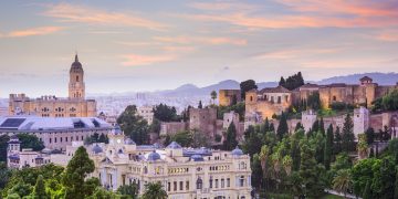 Malaga,,Spain,Cityscape,At,The,Cathedral,,City,Hall,And,Alcazaba